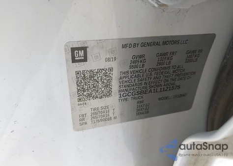 2020 Chevrolet Colorado 2Wd Short Box Wt z USA, uszkodzony, nr VIN 1GCGSBEA1L1121575